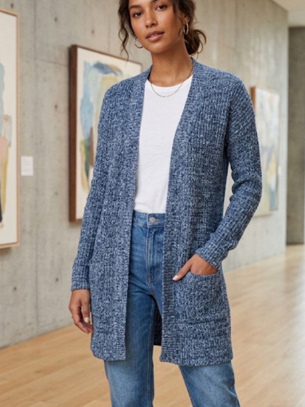 Gap Duster Cardigan Open Front Blue White With Pockets Size Small